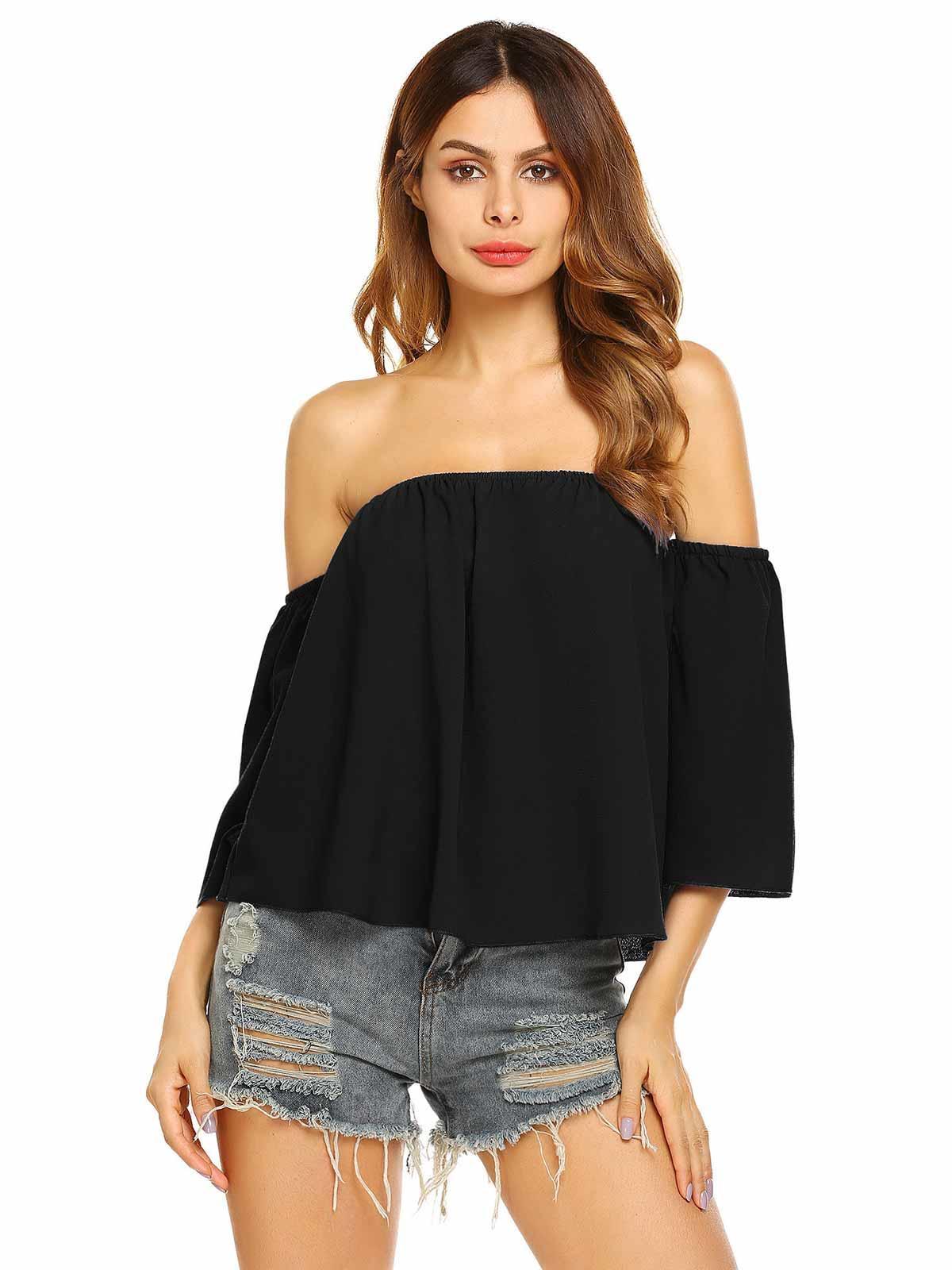 black off the shoulder 3/4 sleeve solid casual top