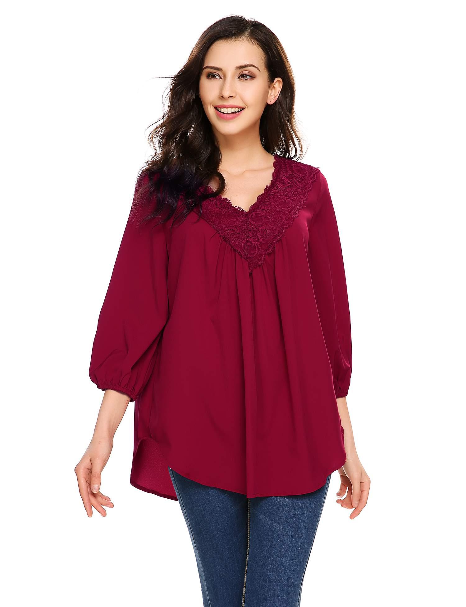 wine red long sleeve v neck lace patchwork loose pullover