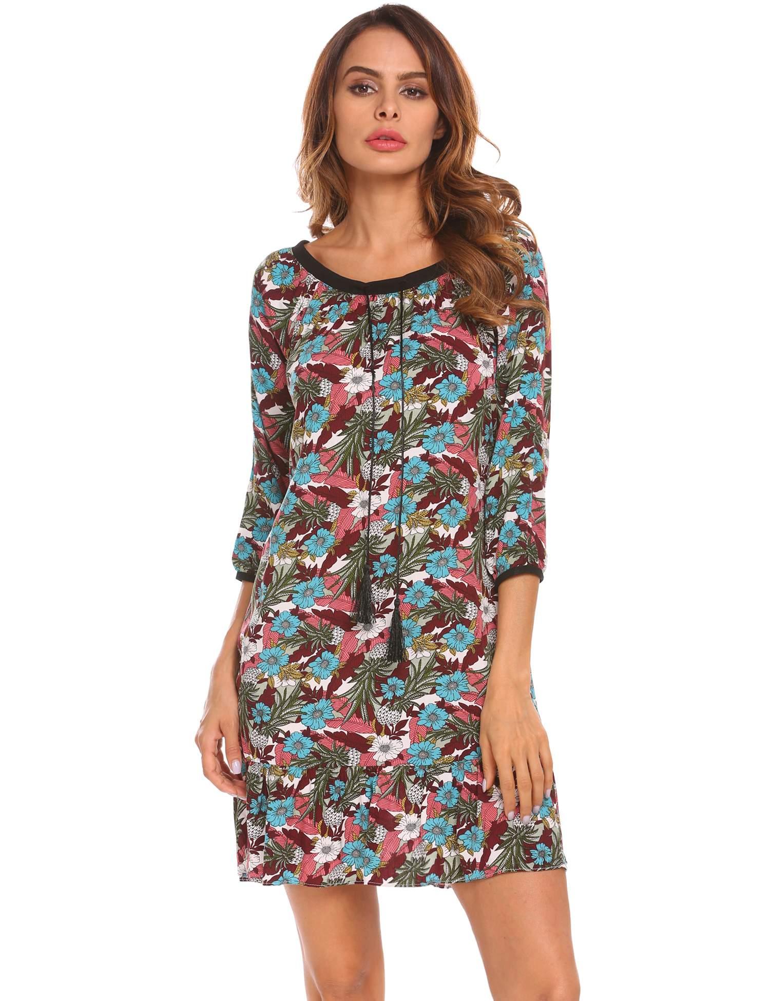 dark pink round neck tie print ethnic vintage style casual dress