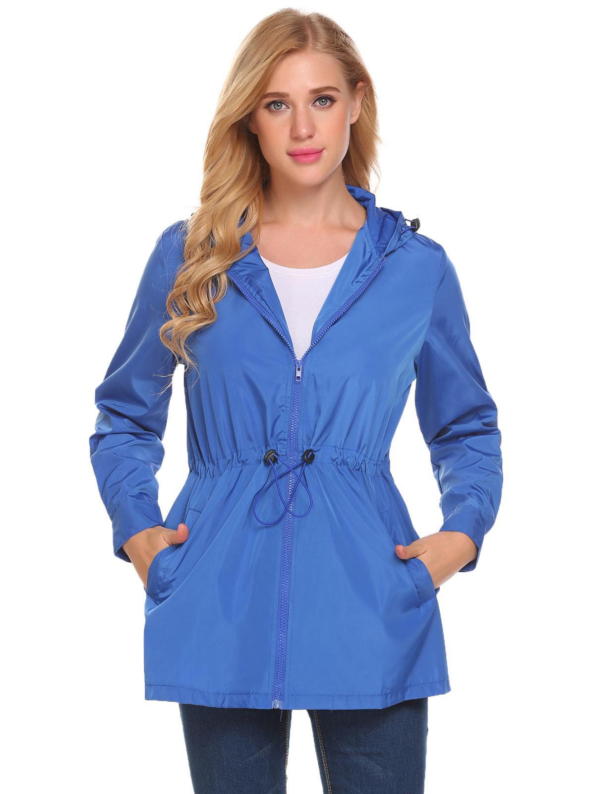 navy blue women casual lightweight waterproof raincoat jacket