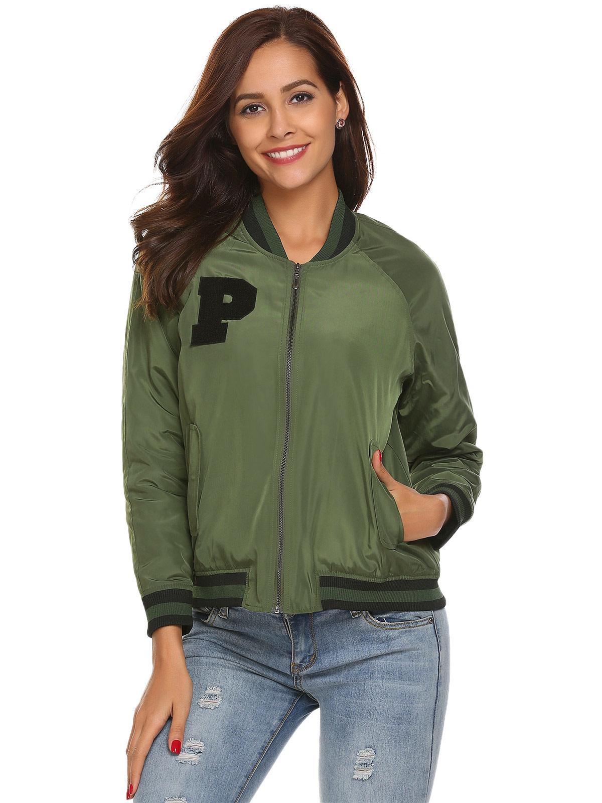 army green long sleeve patchwork baseball lightweight bomber