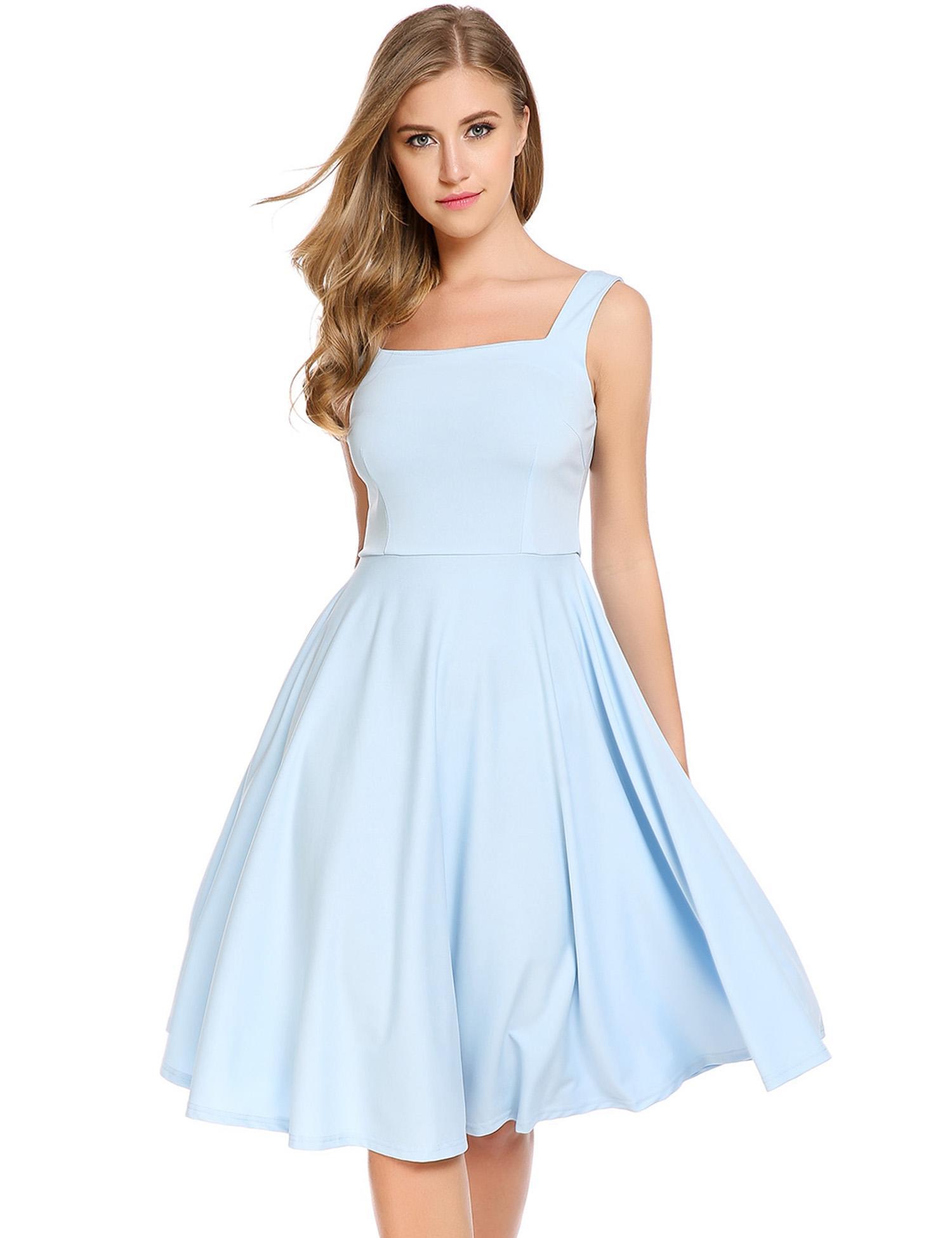 skyblue square collar sleeveless solid backless bow a-line