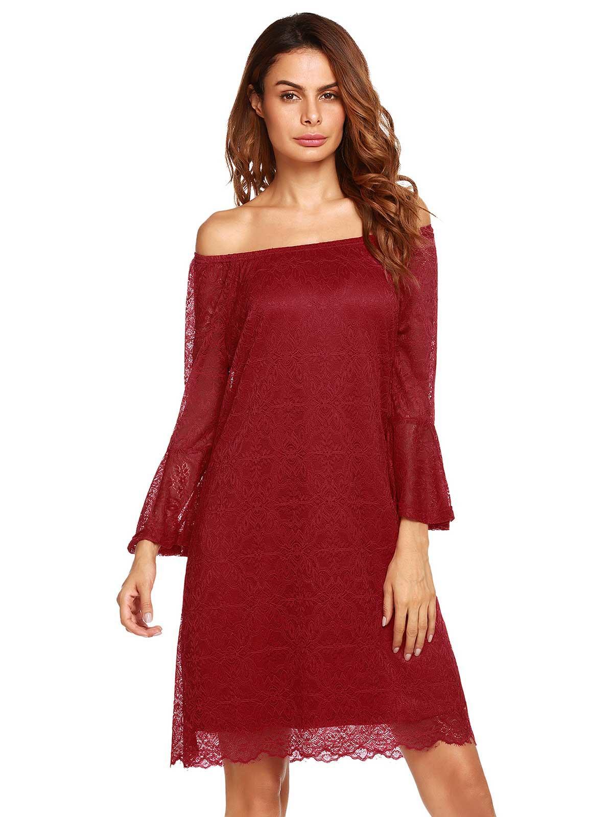 wine red off shoulder 3/4 sleeve lace a-line dress