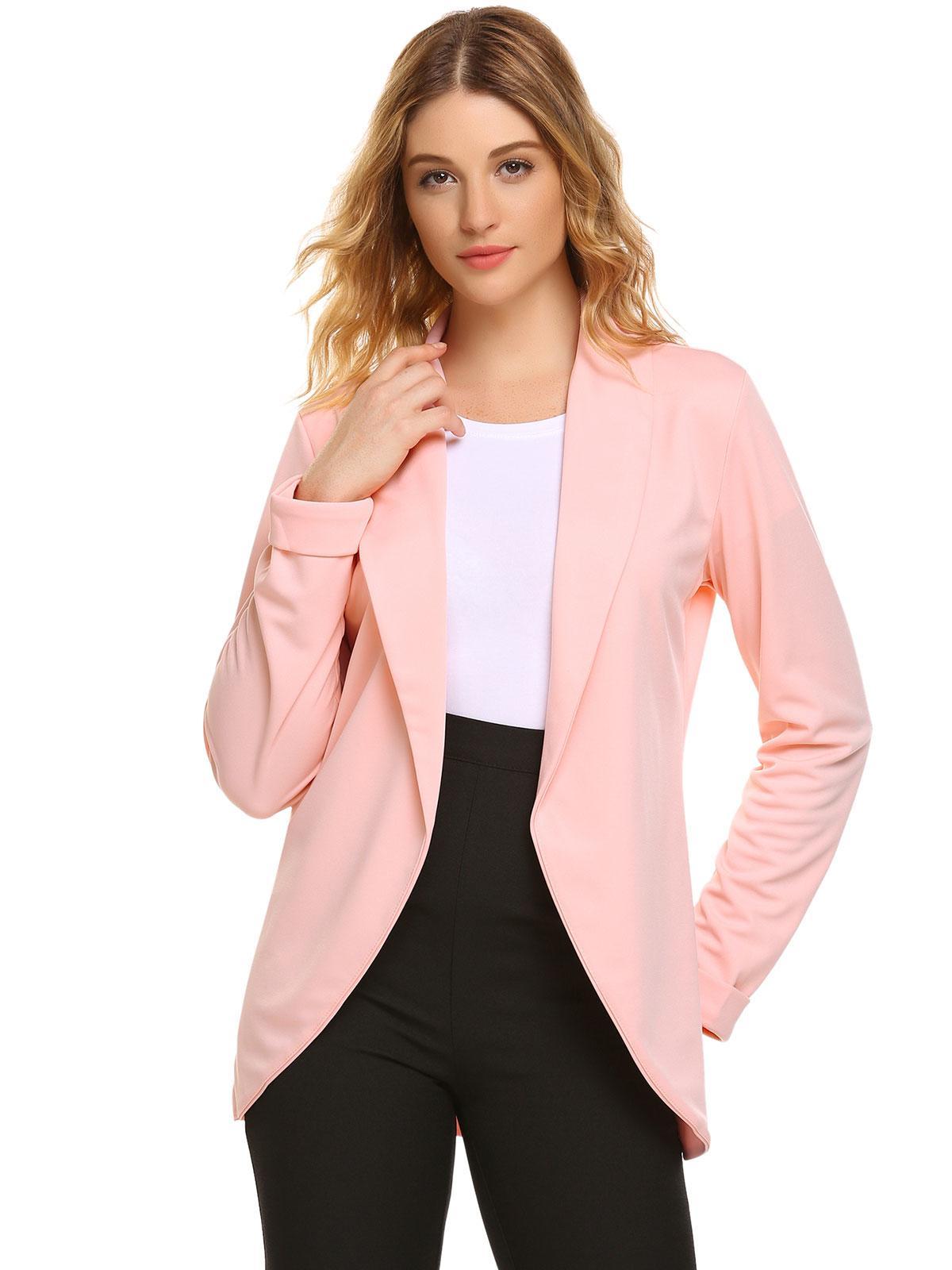 pastel pink shawl collar long sleeve open front solid blazer