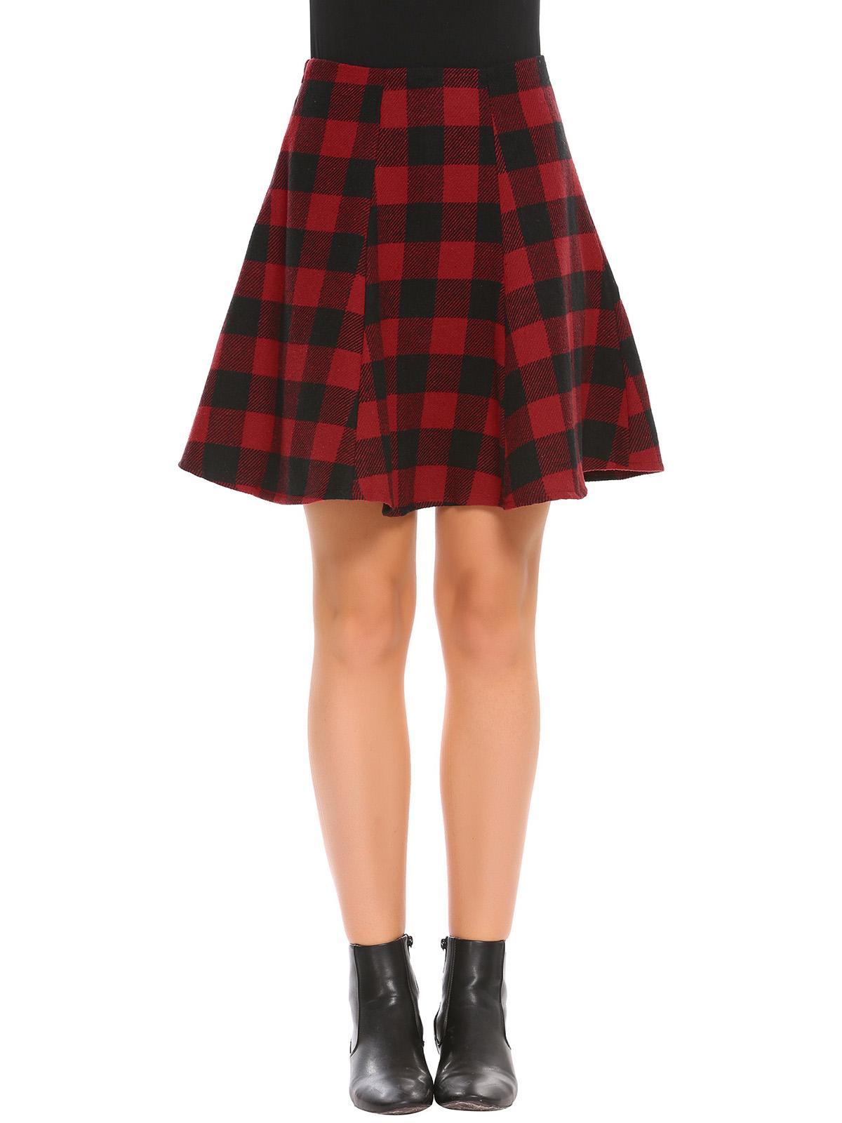 red high waist plaid a-line woolen skirt
