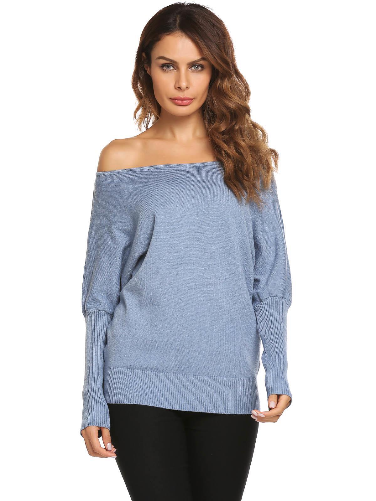 blue batwing sleeve solid loose pullover thin knit sweater