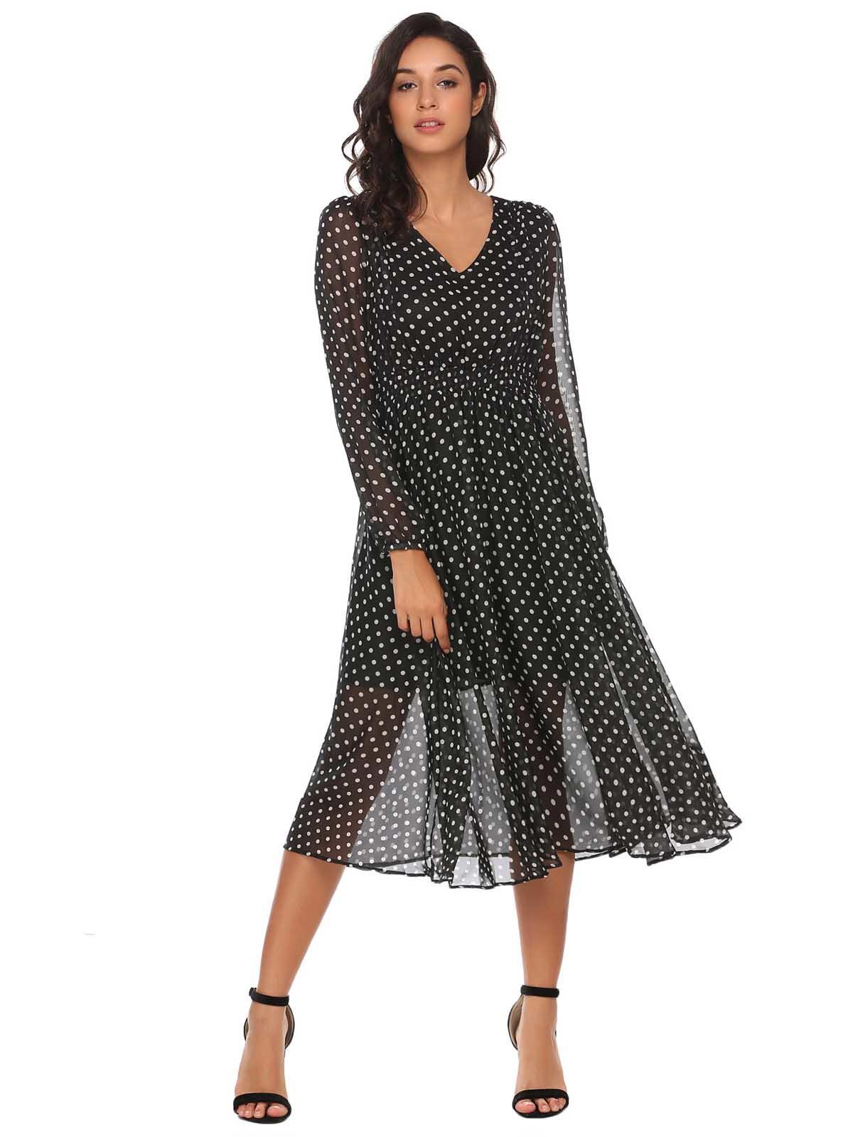 black long sleeve dot chiffon dress with belt