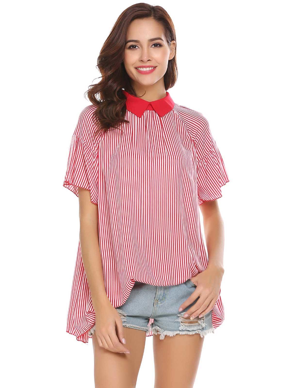 pink women casual turn-down collar ruffle short sleeve striped t