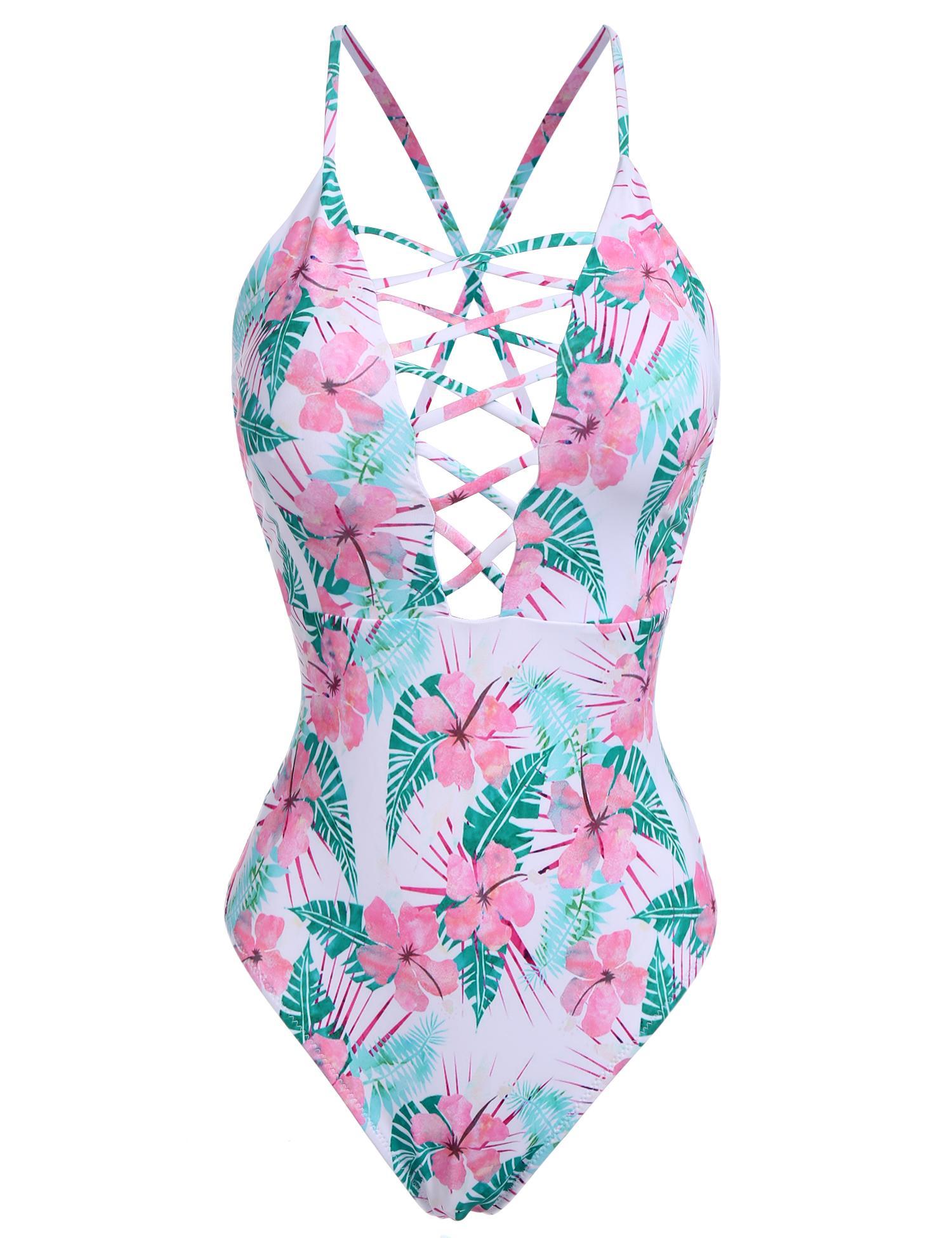 green pink swimwear v-neck swimsuit wear